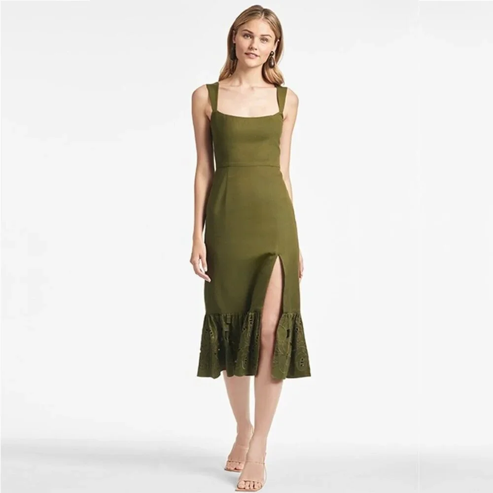 NWT SACHIN + BABI Laura Dress in Olive Smocked Midi Peplum Slit Sleeveless 8 - Picture 1 of 10